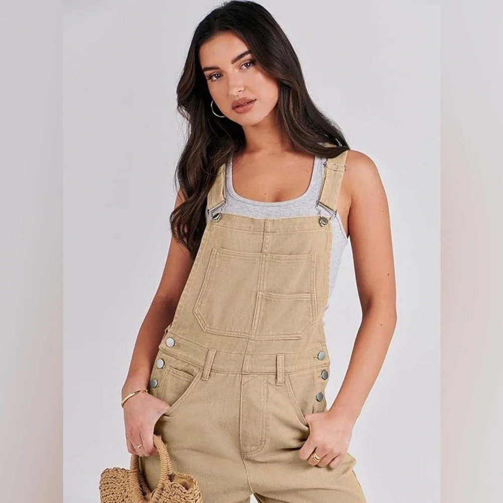 NEW Anrabess Small 4/6 Khaki Cross Back Design Denim Overalls - Picture 5 of 14